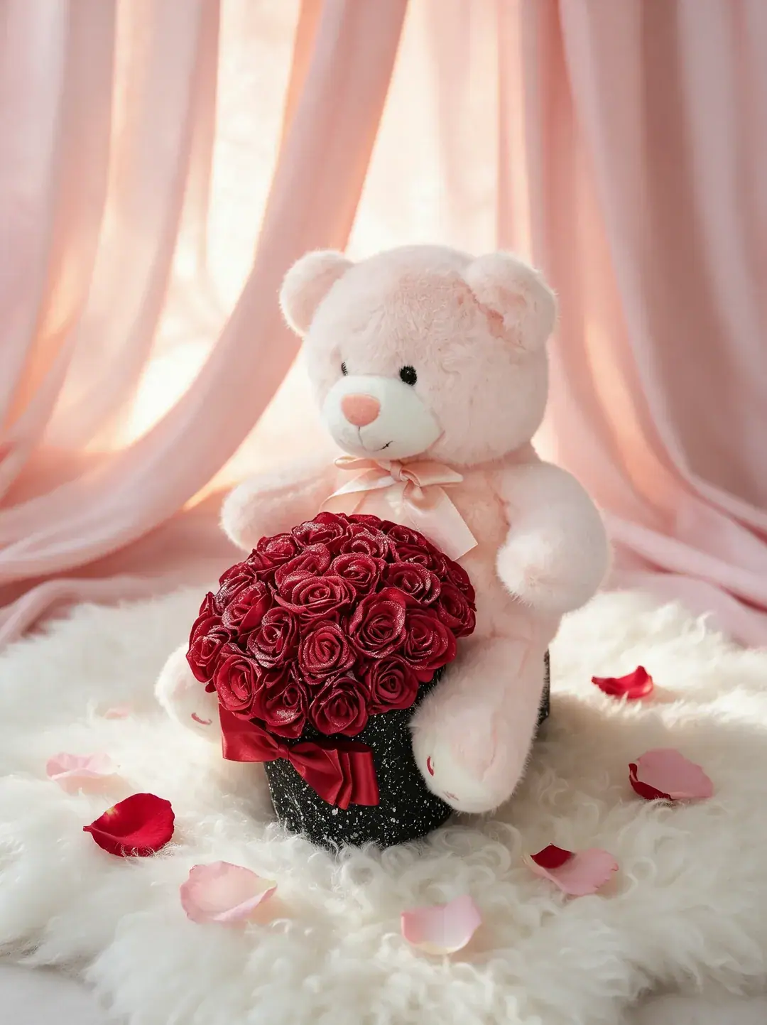 A blush-pink teddy bear hugging a black box of red roses tied in red satin.