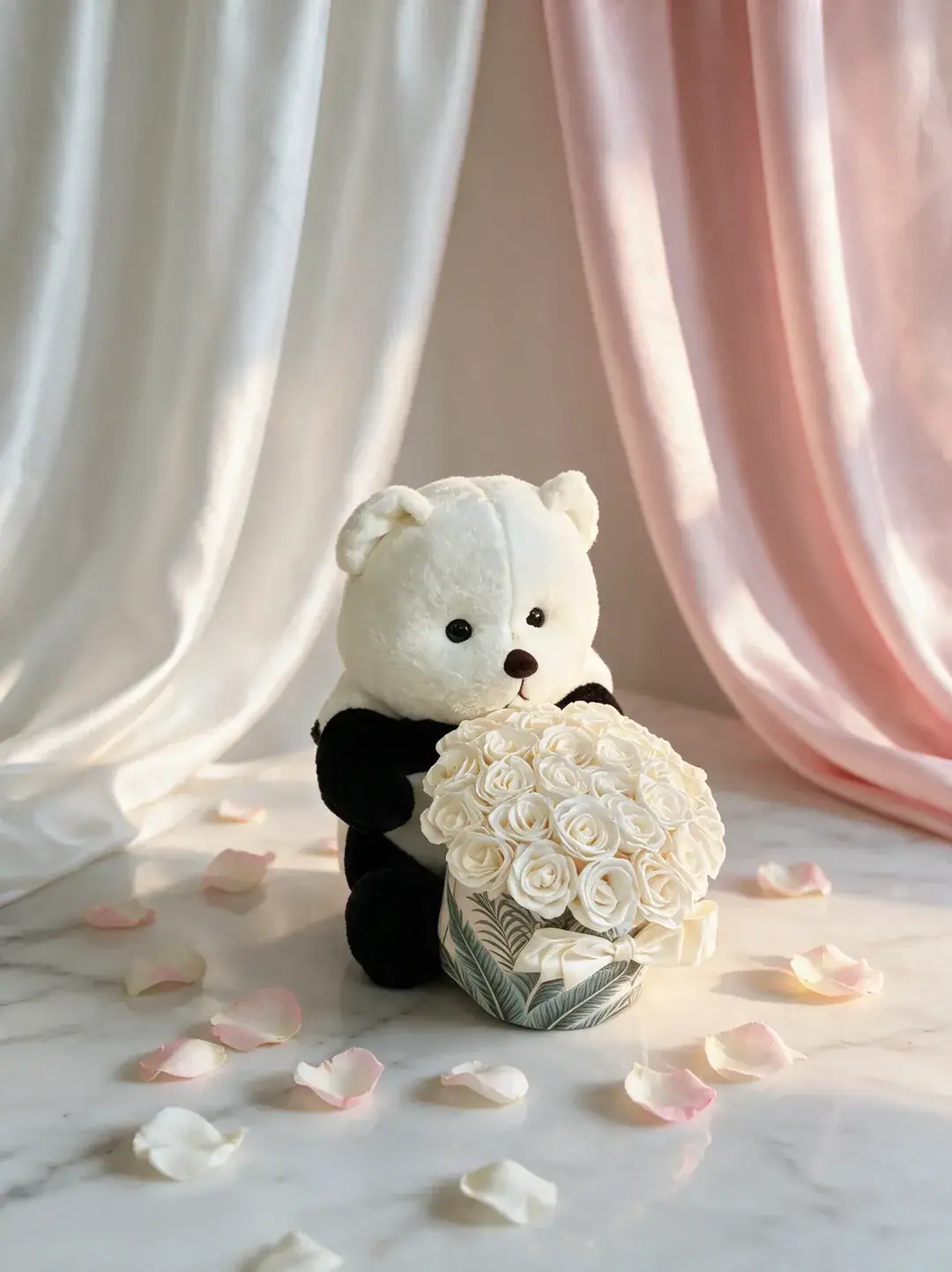 A plush panda holding a round box of ivory roses tied with a cream bow.